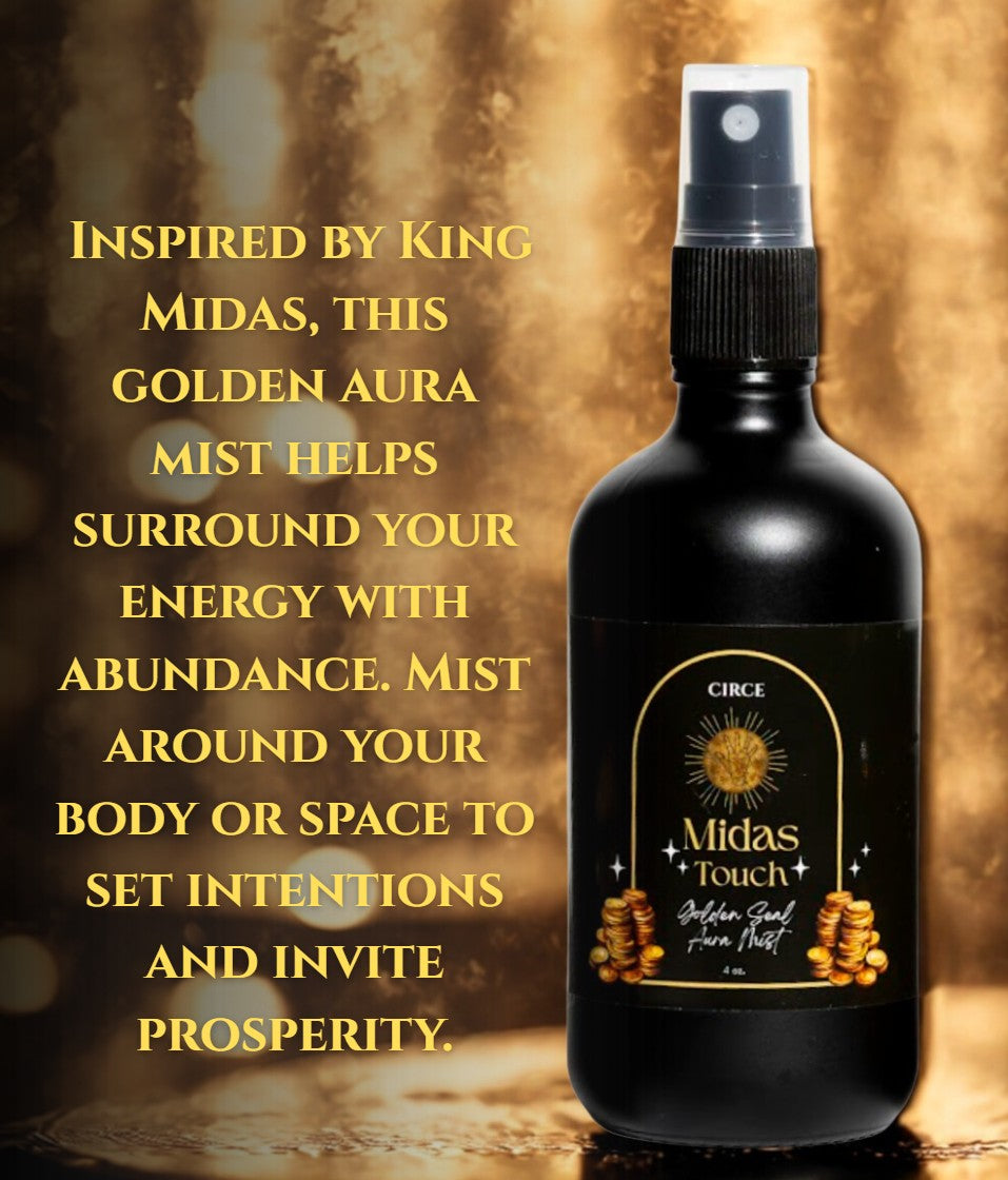 Circe Boutique Midas Touch Aura Mist with amber, saffron, and patchouli in a luxurious spray bottle, ideal for prosperity and elegance.