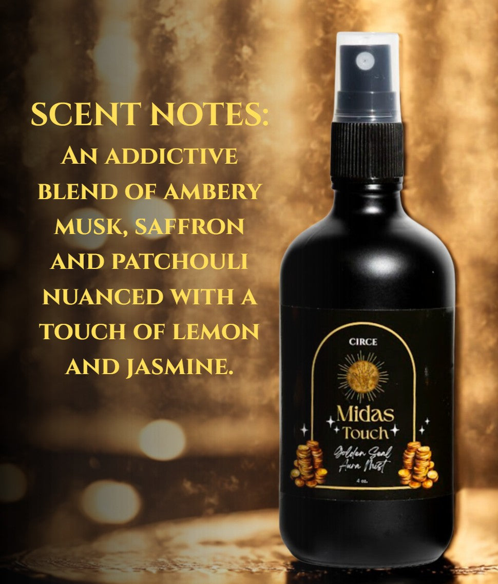Luxury amber, saffron, and patchouli aura mist by Circe Boutique in a sleek spray bottle.