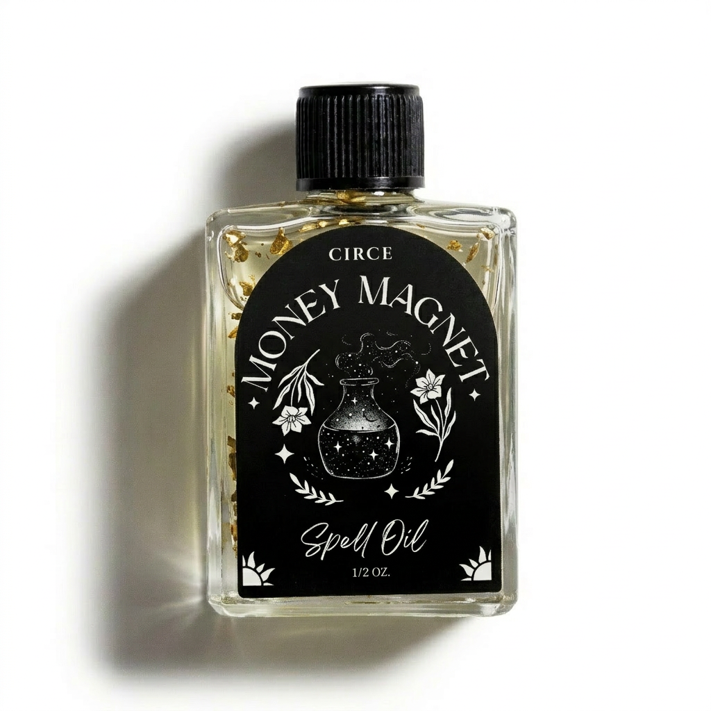 Money Magnet spell oil in a 1/2 oz bottle from Circe Boutique, featuring a dark glass container with a black and gold label.