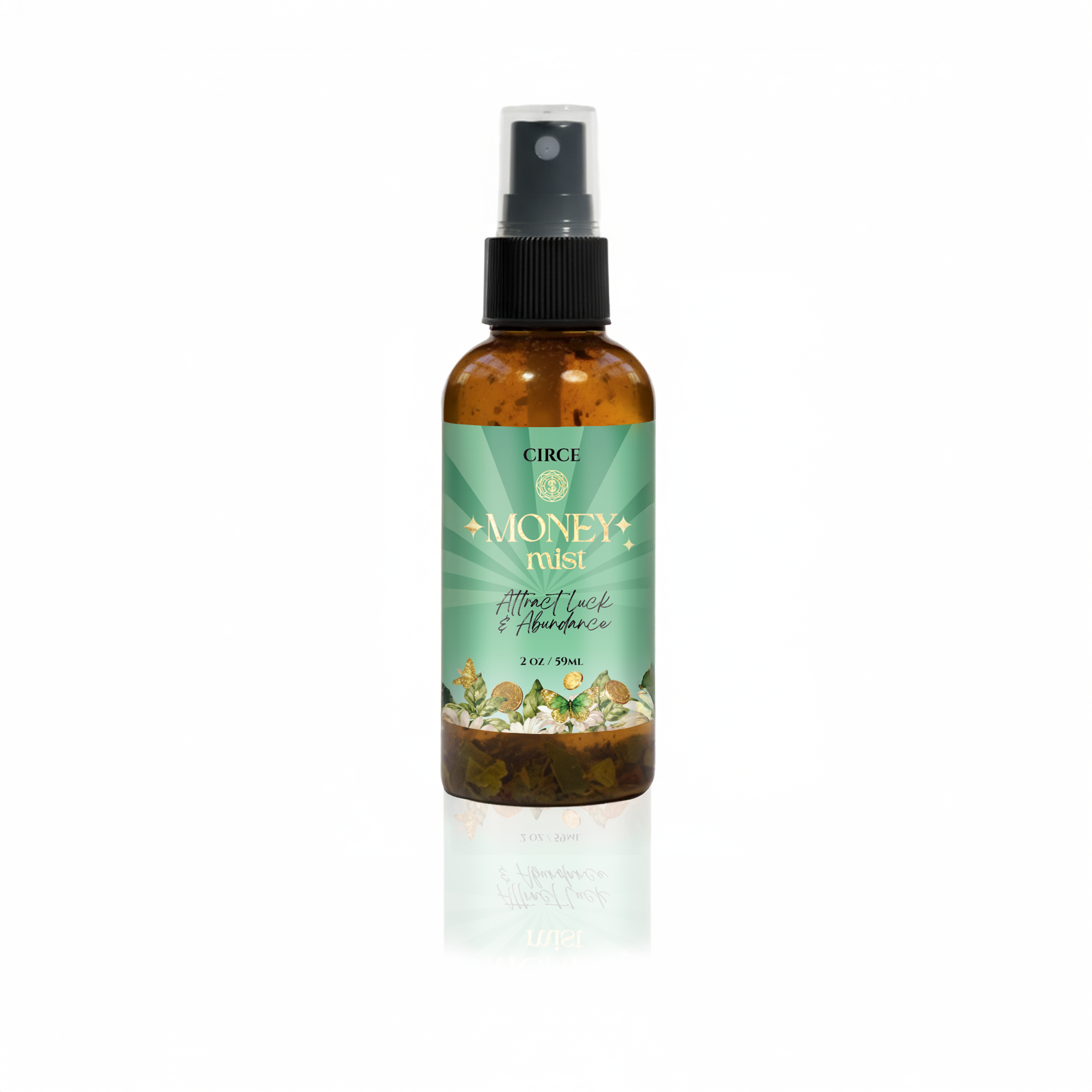 Circe Boutique Money Mist 2 oz abundance spray with bay leaf and cinnamon in a clear glass bottle.