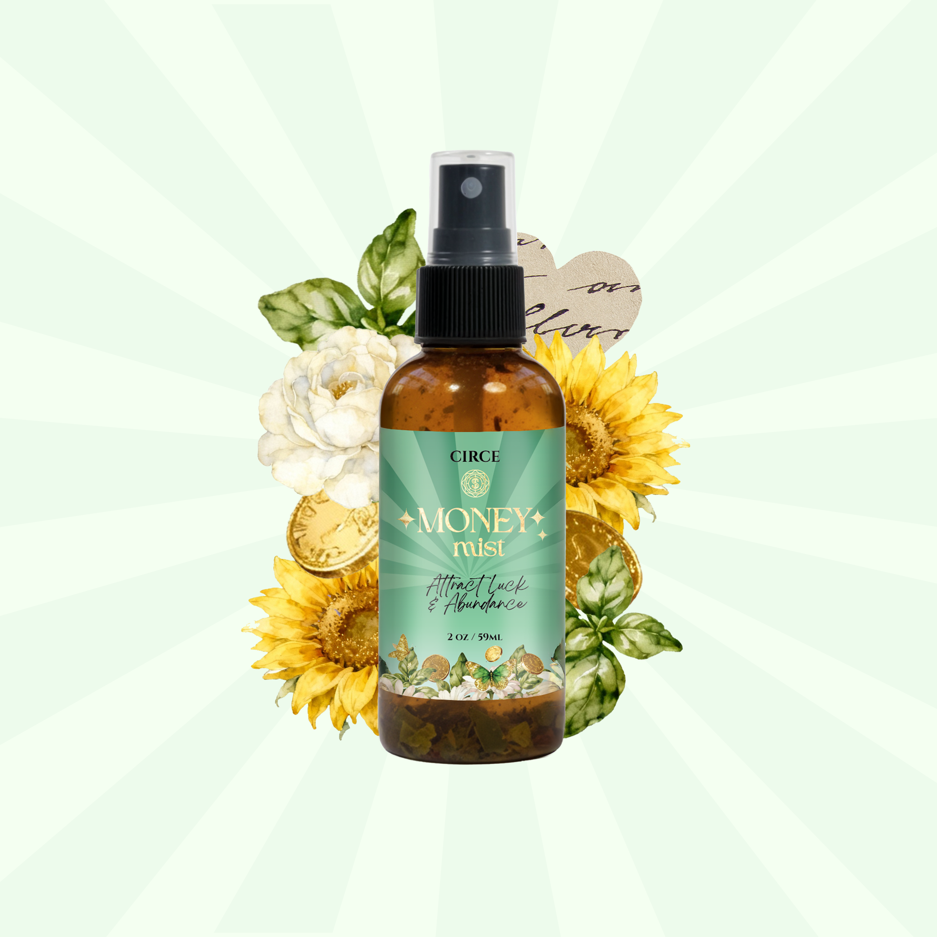 Circe Boutique Money Mist 2 oz spray with bay leaf and cinnamon for abundance and prosperity, shown in a collage image.