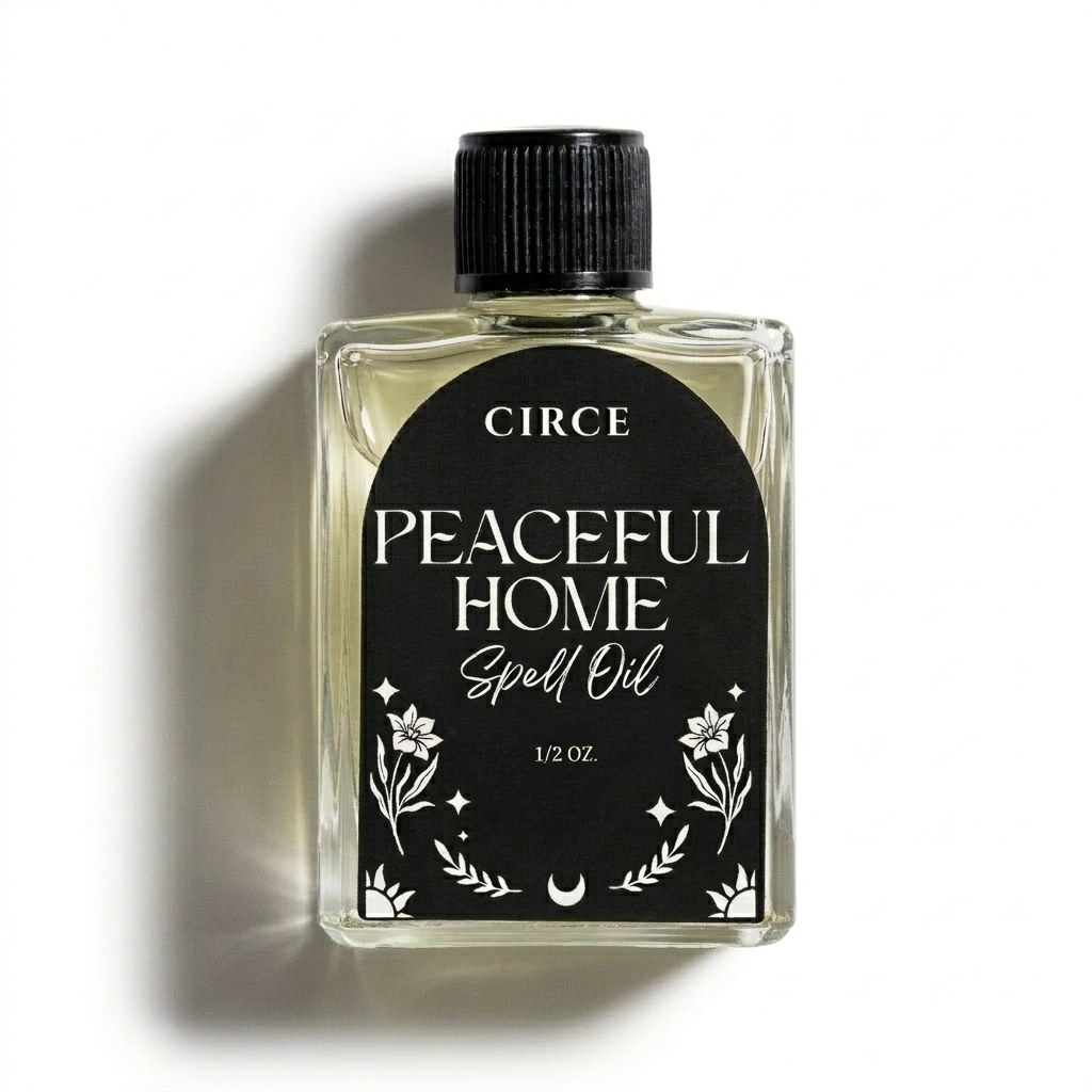 Bottle of Circe Boutique Peaceful Home Ritual Oil with calming herbal ingredients, designed to promote harmony and calm energy.
