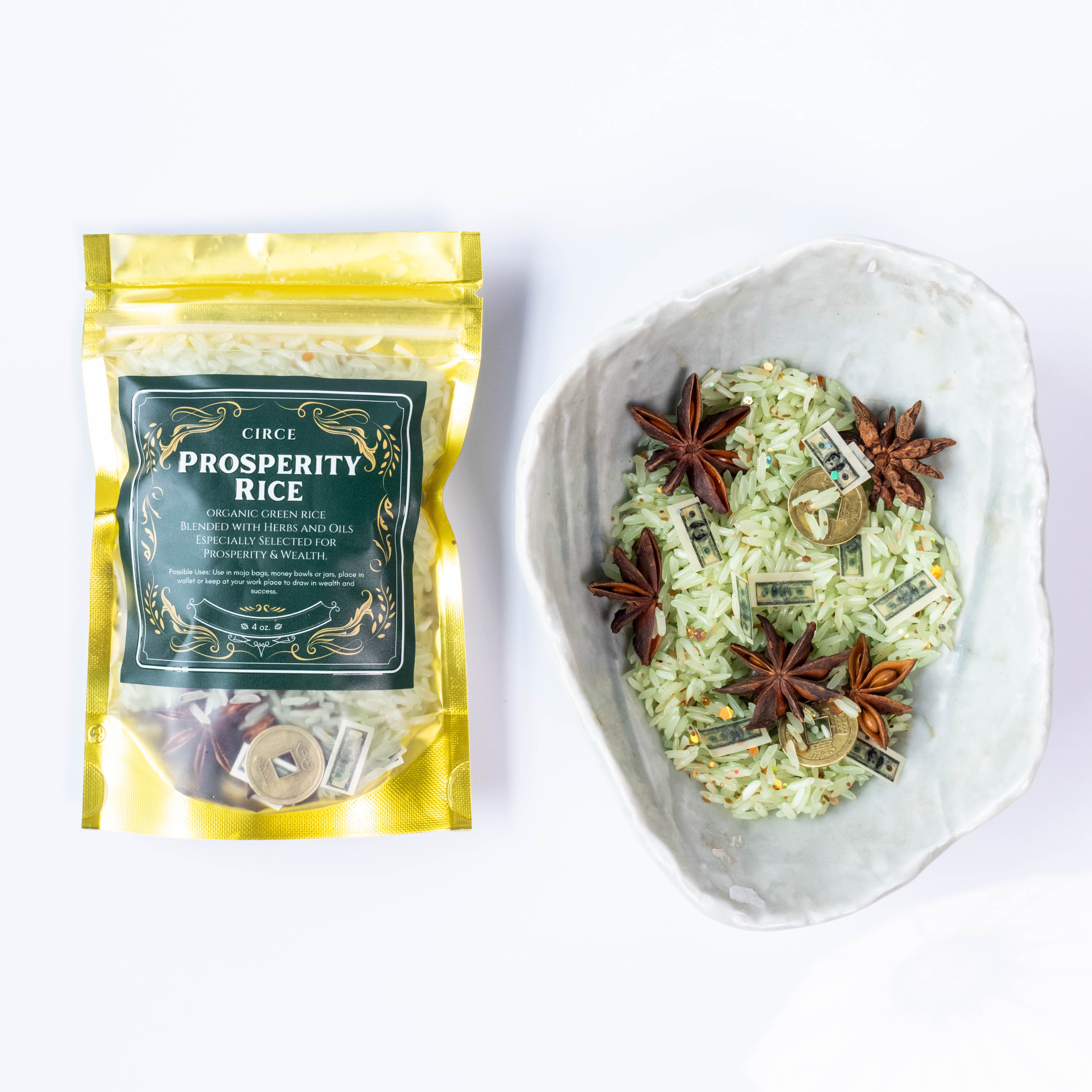 Small 4 oz Prosperity Rice herb bag from Circe Boutique, used for money altar and mojo rituals, featuring rice and herbal ingredients.