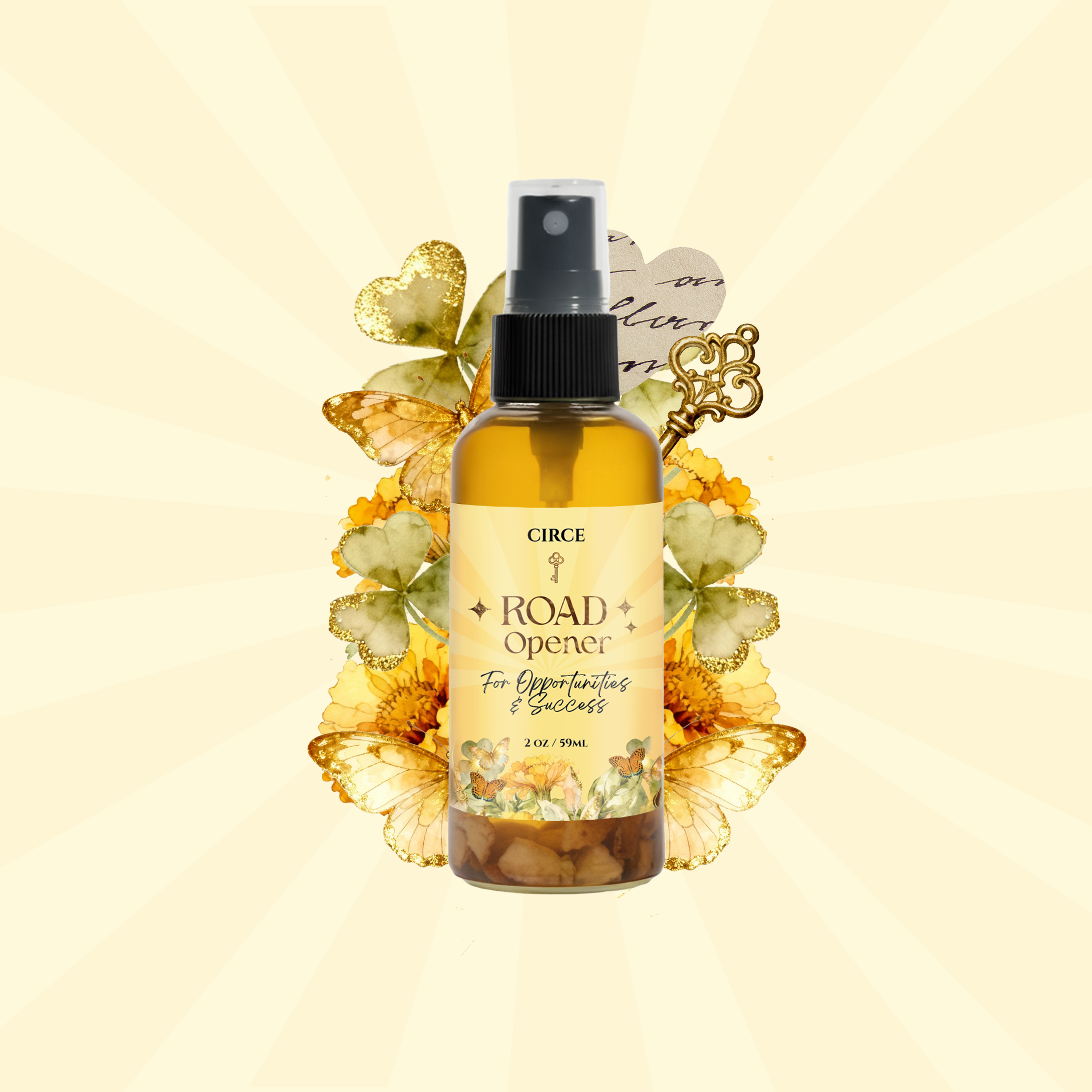 Circe Boutique Road Opener Mist spray bottle, a 2 oz natural spray for new beginnings and opportunities, with a floral and mystical design.