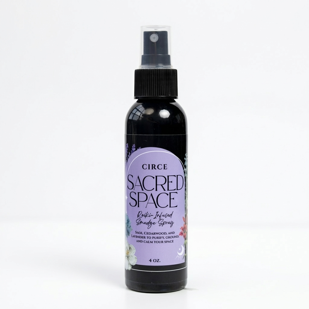 Circe Boutique Sacred Space Smudge Spray in a 4 oz bottle, cleansing and purifying mist with herbal and aromatic ingredients.