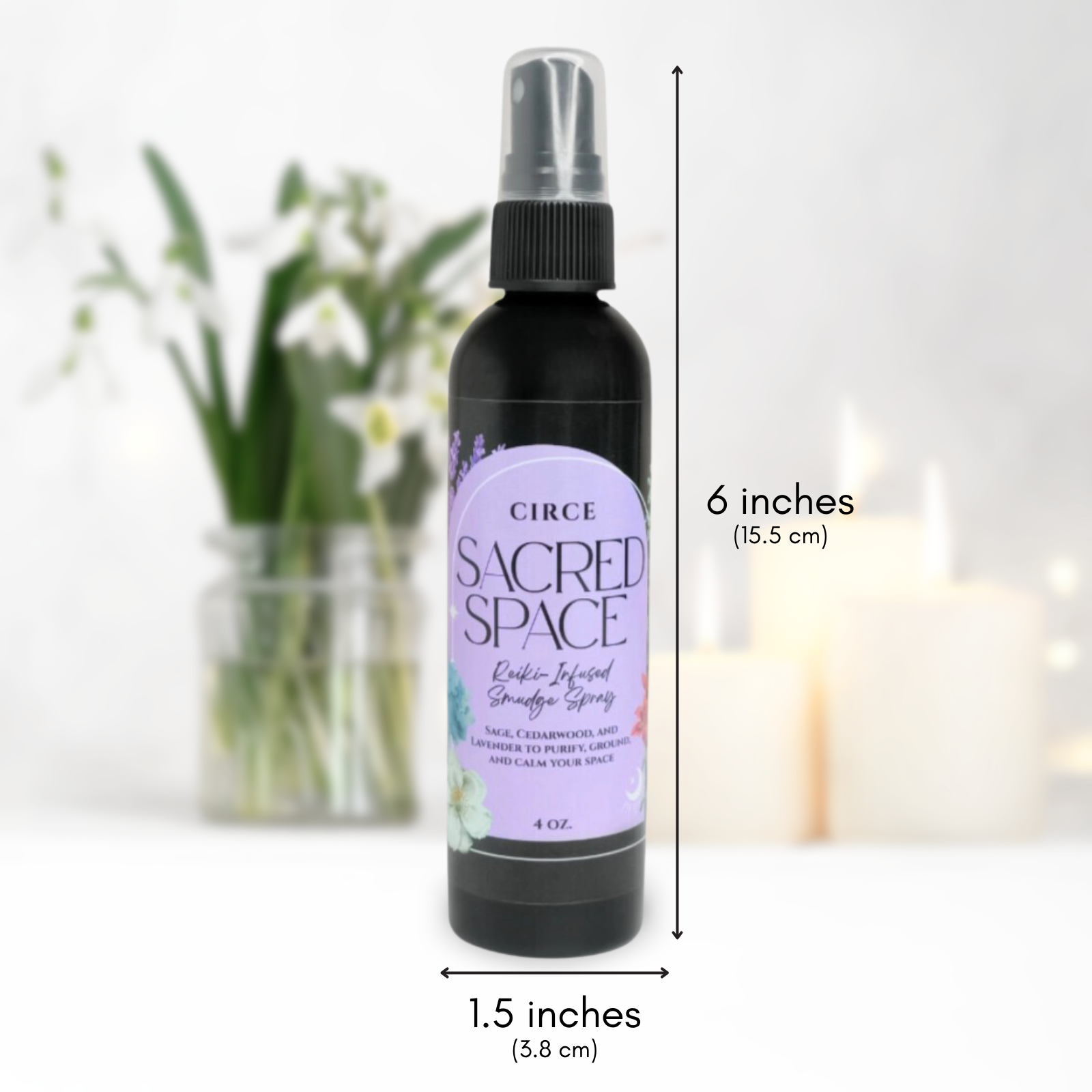 Circe Boutique Sacred Space Smudge Spray in 4 oz bottle, a cleansing and purifying mist with natural ingredients for spiritual cleansing.