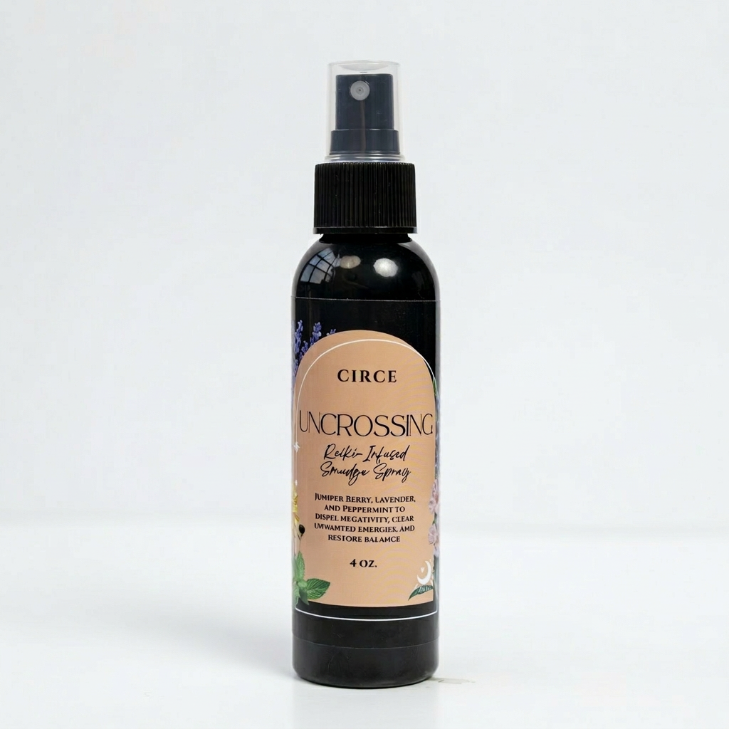 Circe Boutique Uncrossing Smudge Spray in a 4 oz. spray bottle, with a clear label and a minimalist design.