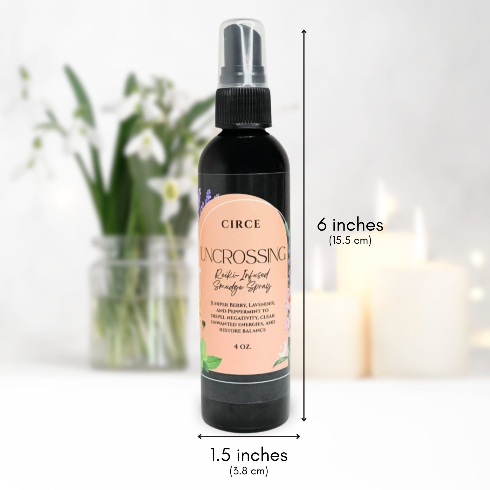 Circe Boutique Uncrossing Smudge Spray in 4 oz. bottle, with herbal ingredients and spray nozzle for clearing negative energy.