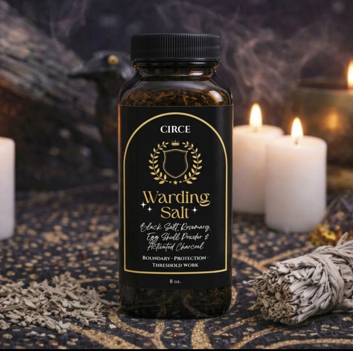 Warding Salt Ritual Protection Blend with black salt, rosemary, and activated charcoal in an 8 oz jar from Circe Boutique.