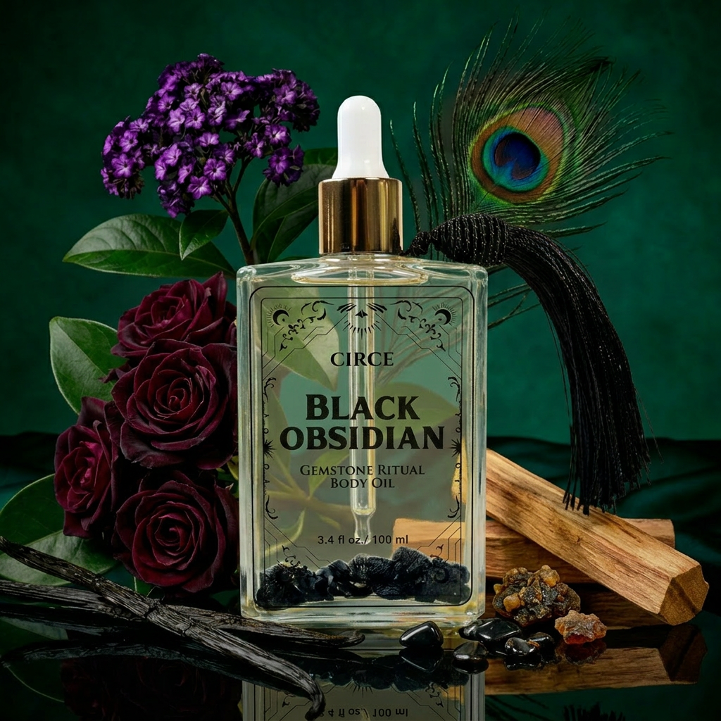 Protection Body Oil with Obsidian Crystal Ritual Oil from Circe Boutique, featuring a dark glass bottle and obsidian crystal for spiritual protection.