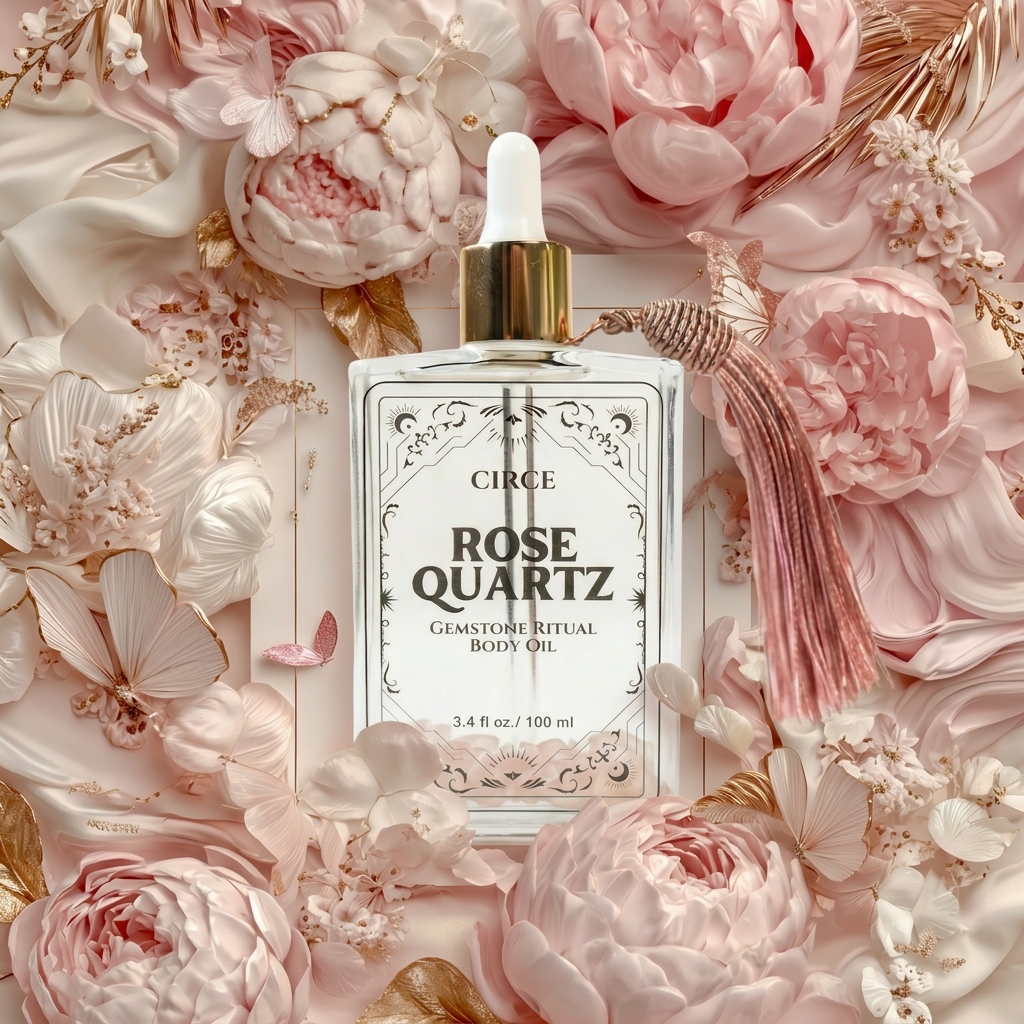 Rose Quartz body oil by Circe Boutique, 3.4 oz, featuring a clear bottle with pink-tinted oil and a rose quartz crystal inside.
