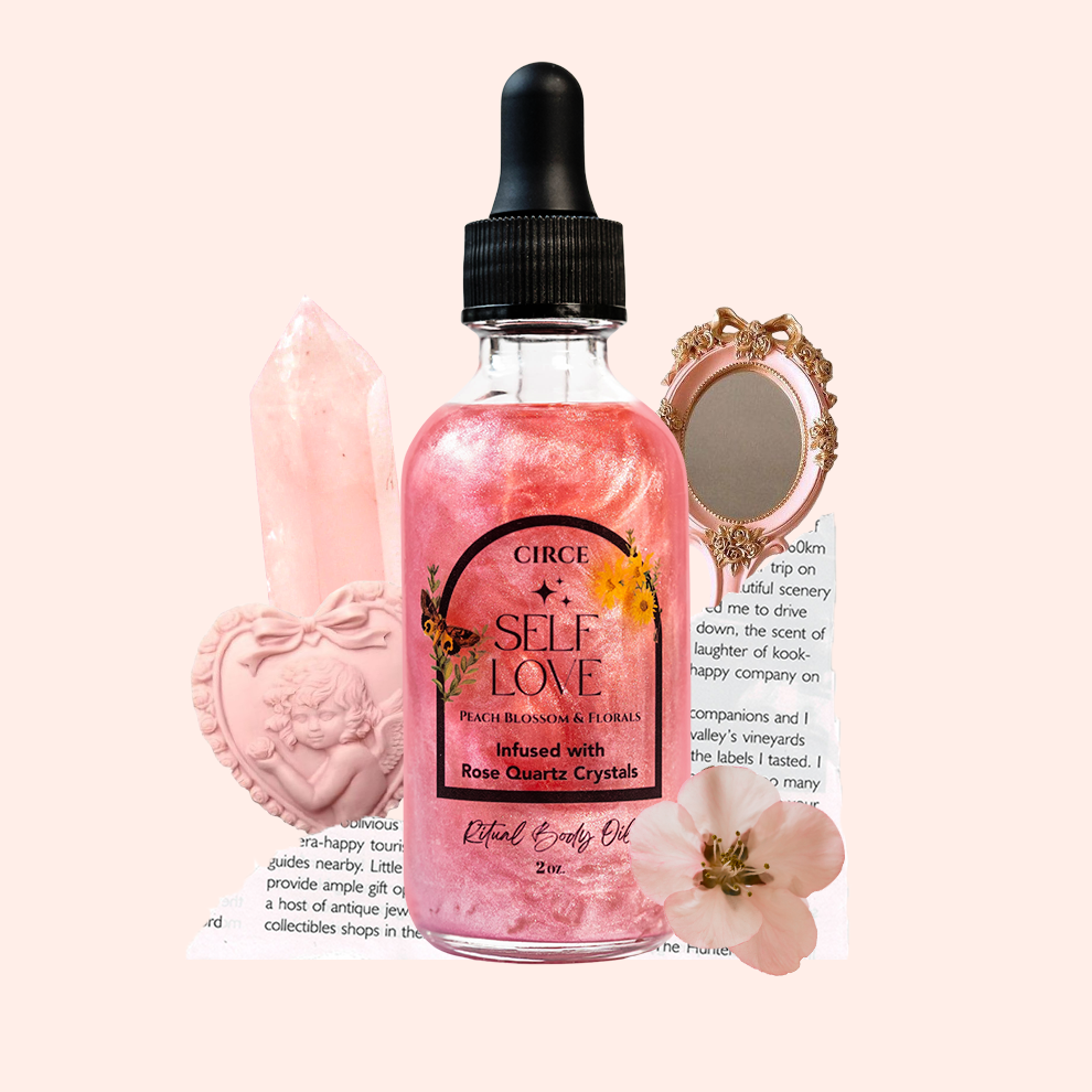 Self Love Ritual Body Oil by Circe Boutique, featuring a sleek glass bottle with golden accents and a calming, soothing appearance