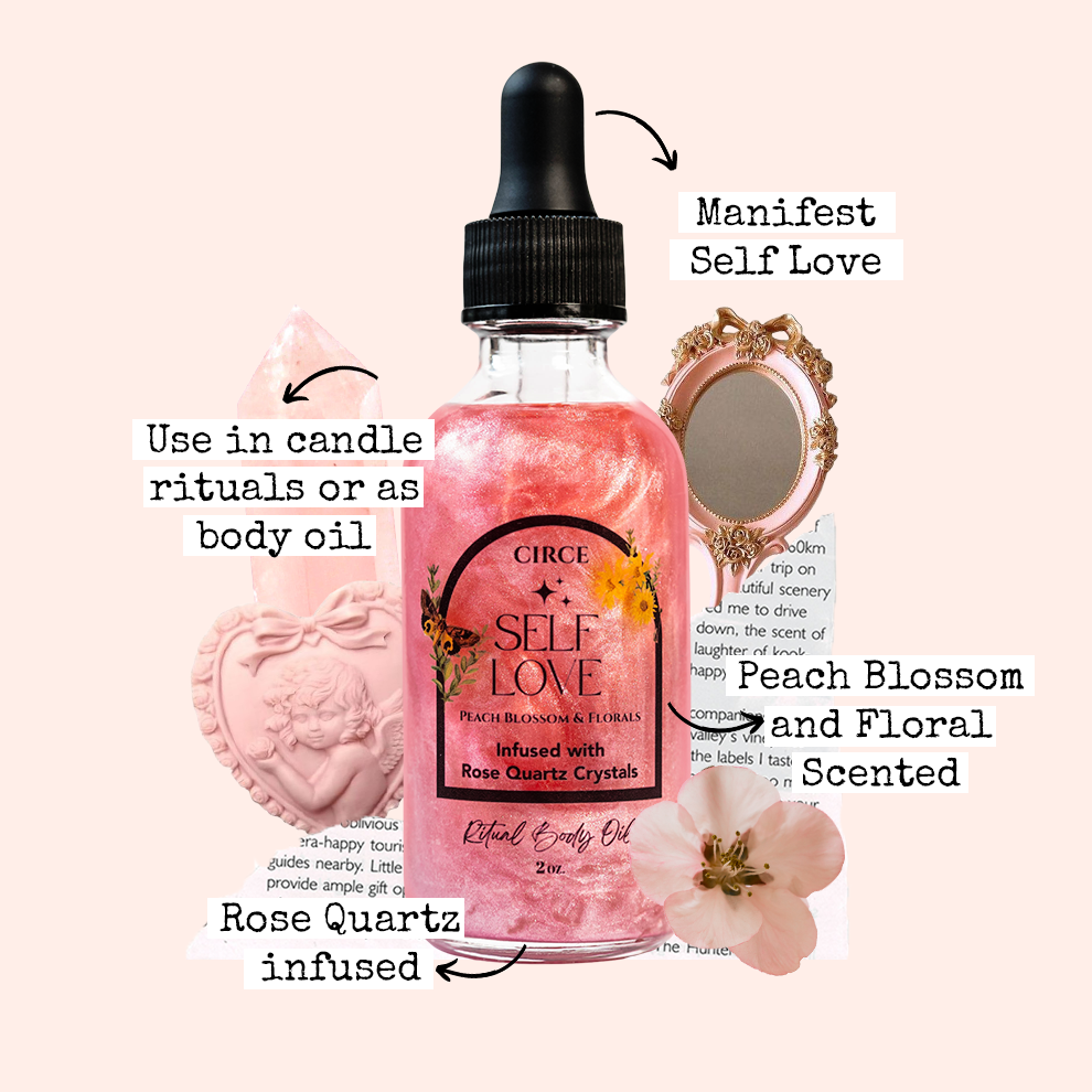 Circe Boutique Self Love Ritual Body Oil with confidence and heart healing ingredients, featuring a sleek glass bottle and floral accents.
