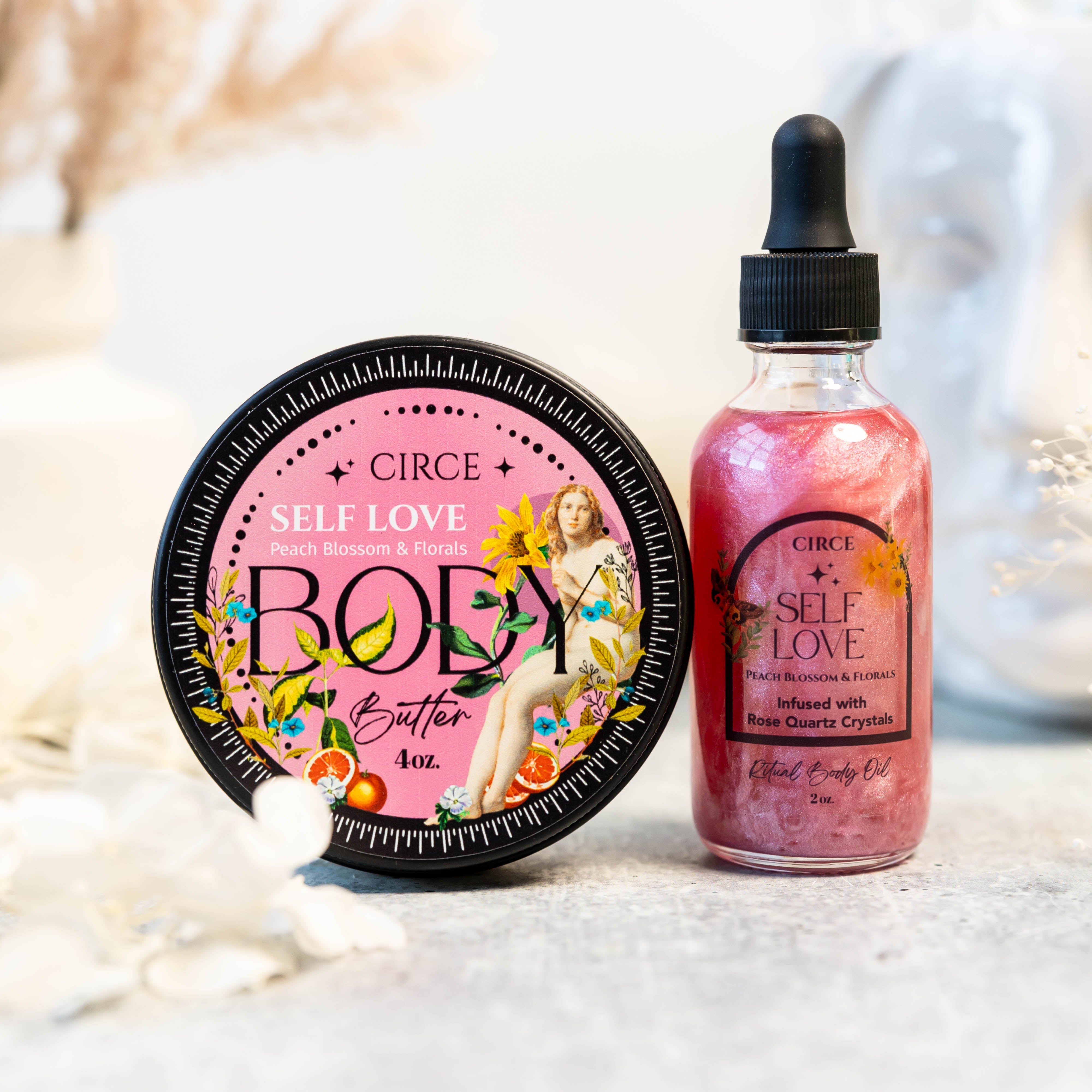 Circe Boutique Self Love Ritual Body Oil with confidence and heart healing ingredients, featuring a sleek glass bottle and natural oils.