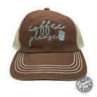 Black mesh back cap by The Graphic Tee with "Coffee Please" embroidered front, adjustable strap, casual style.