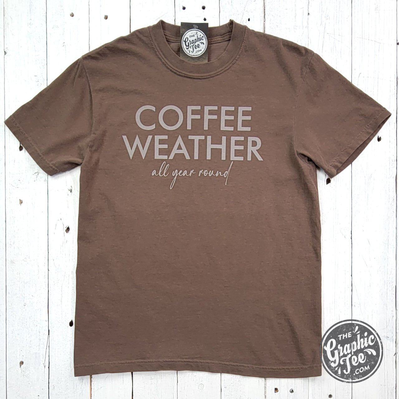 The Graphic Tee coffee weather all year round pigment dyed short sleeve graphic t-shirt displayed on a model.