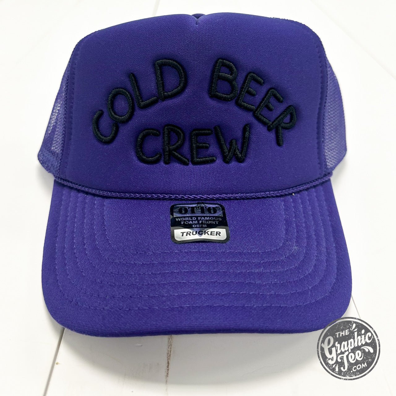 Cold Beer Crew foam trucker hat with mesh back and embroidered logo, casual cap by The Graphic Tee.