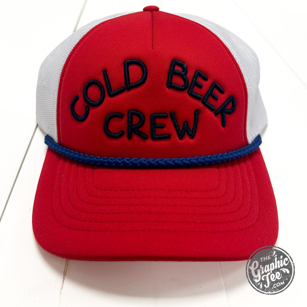 Cold Beer Crew foam trucker hat with mesh back and embroidered logo, stylish cap from The Graphic Tee.