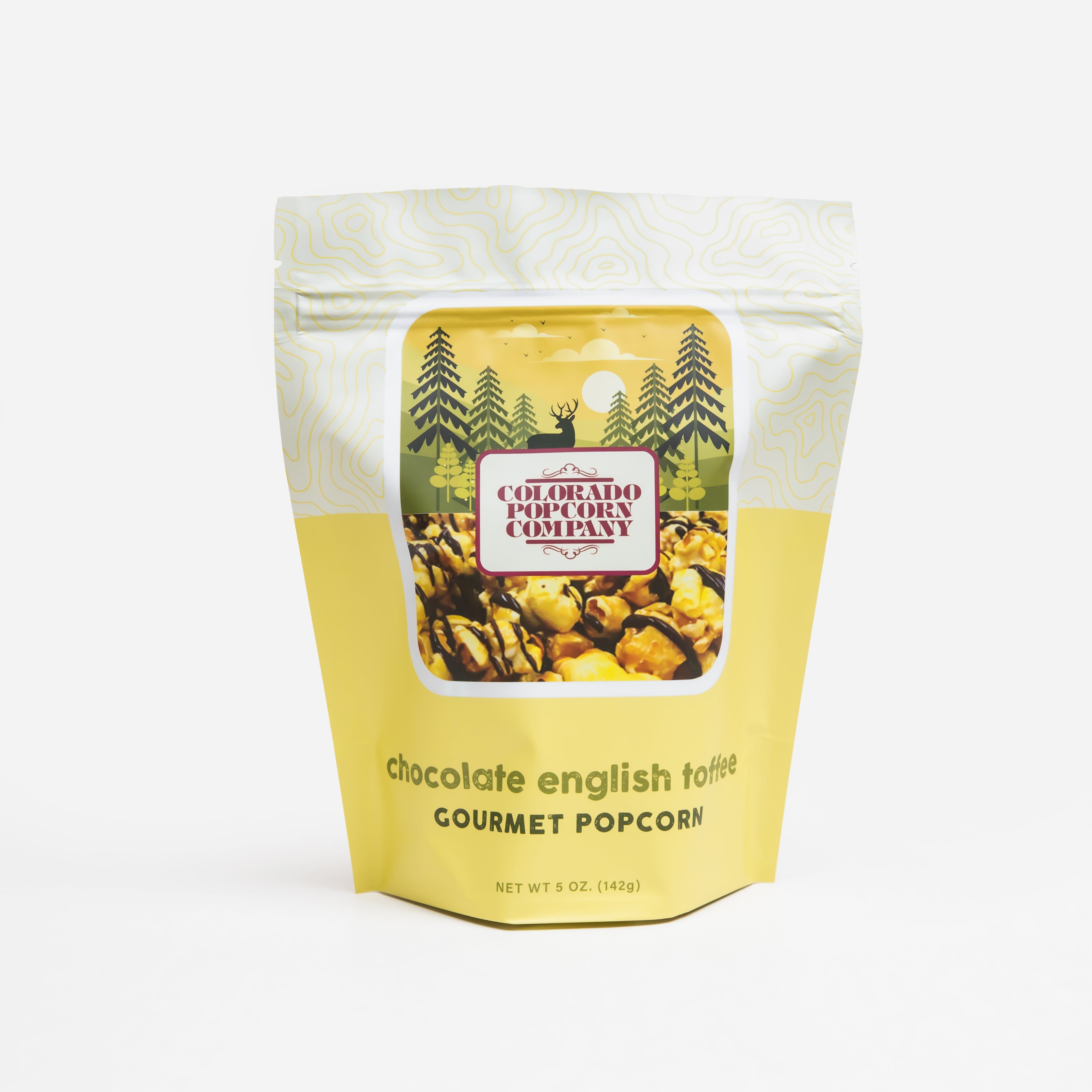 Sweet chocolate English toffee popcorn by Colorado Popcorn Company, 5 oz bag with glossy toffee-coated popcorn pieces.