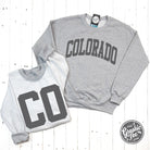 Colorado Reversible Sport Grey Crewneck Sweatshirt from The Graphic Tee, showing the front and back design on a comfortable crewneck.