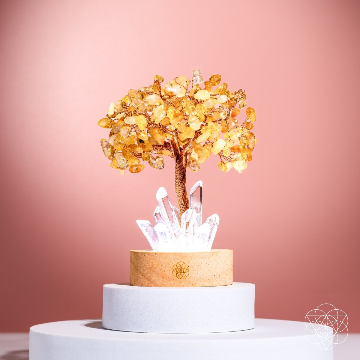Golden Lamp of Wealth night light featuring a citrine tree by Conscious Items, glowing warmly with intricate design details.