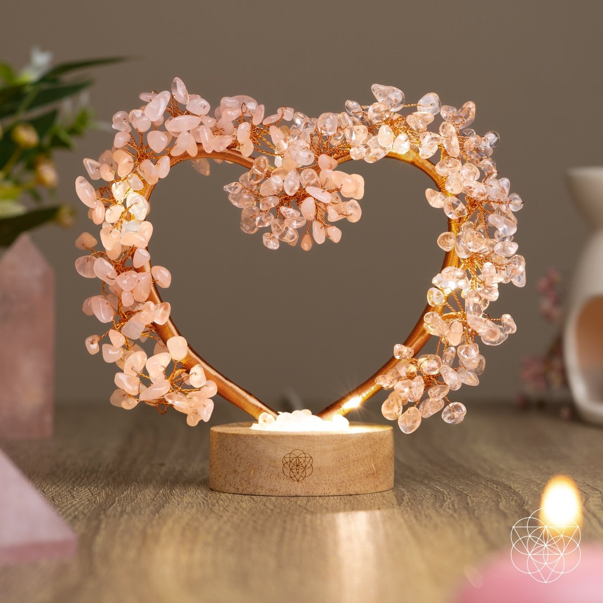 Rose and clear quartz tree lamp night light by Conscious Items, featuring a handcrafted design with a glowing rose and quartz branches.