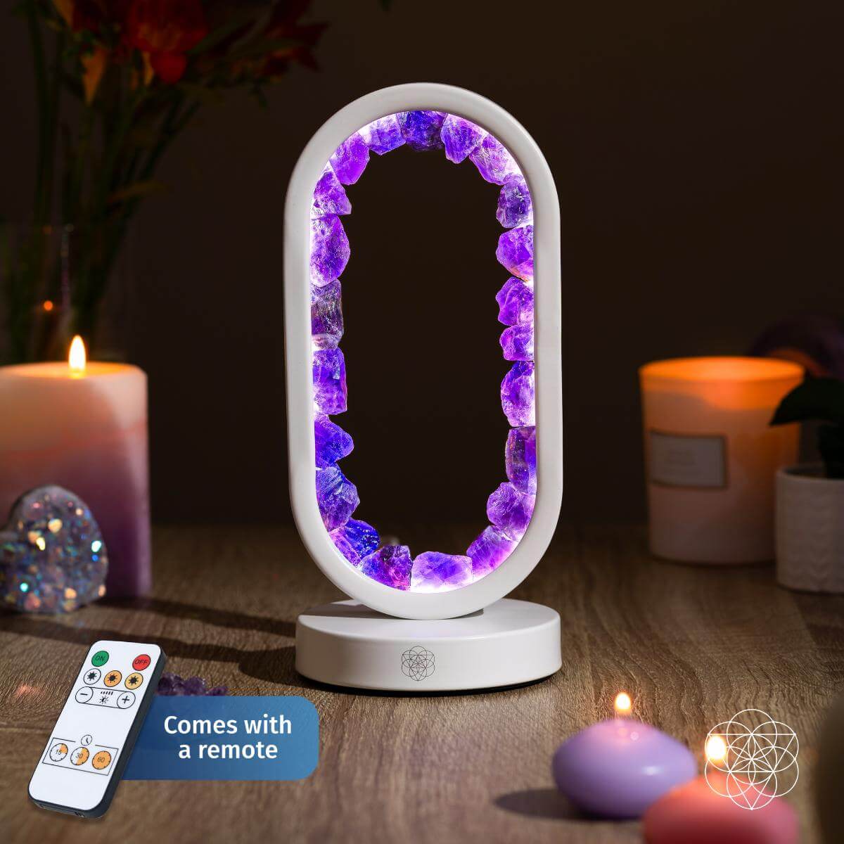 Conscious Items amethyst night light with a calming glow, designed for stress relief and peaceful ambiance.
