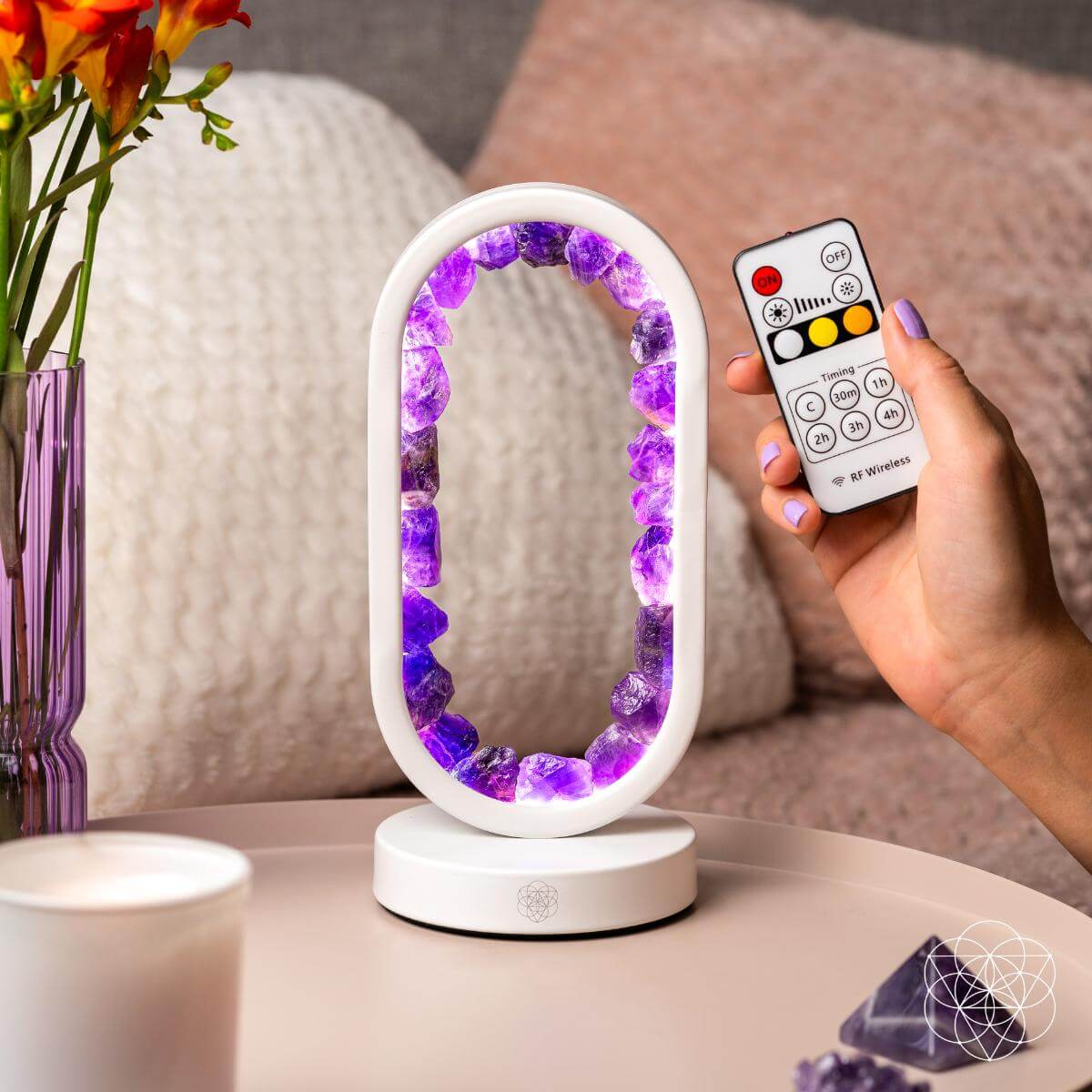 Amethyst night light from Conscious Items titled Portal to Peace, designed for stress relief, glowing softly with purple hues.