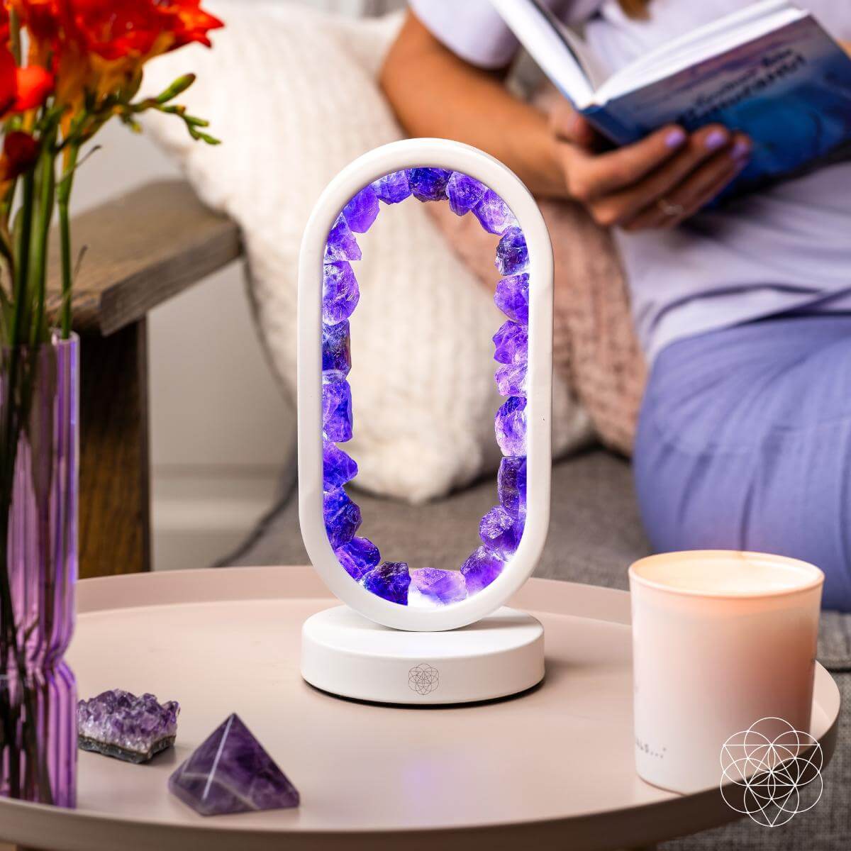 Night light featuring a purple amethyst lamp by Conscious Items, designed for stress relief and creating a calming atmosphere.