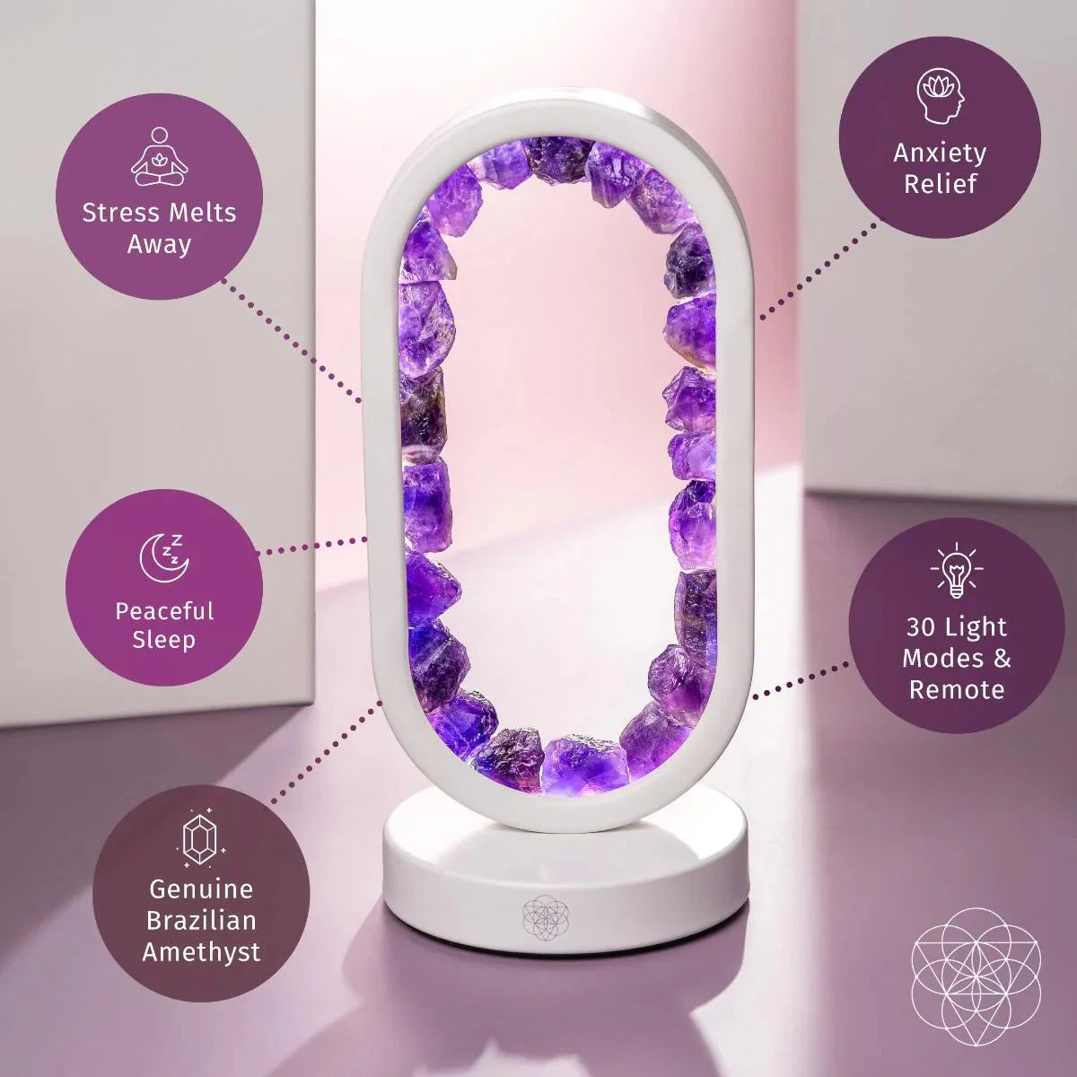 Conscious Items amethyst night light, stress relief lamp with purple gemstone glow for calming ambiance and peaceful relaxation.