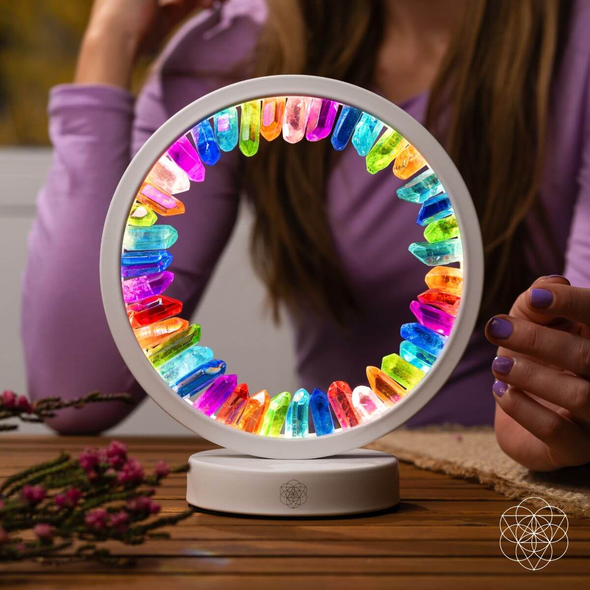 Rainbow After the Storm Clear Quartz Night Light by Conscious Items featuring a vibrant rainbow design and a clear quartz base.