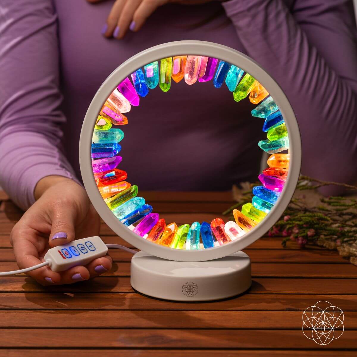 Rainbow After the Storm Clear Quartz Night Light by Conscious Items with a calming rainbow and clear quartz design.