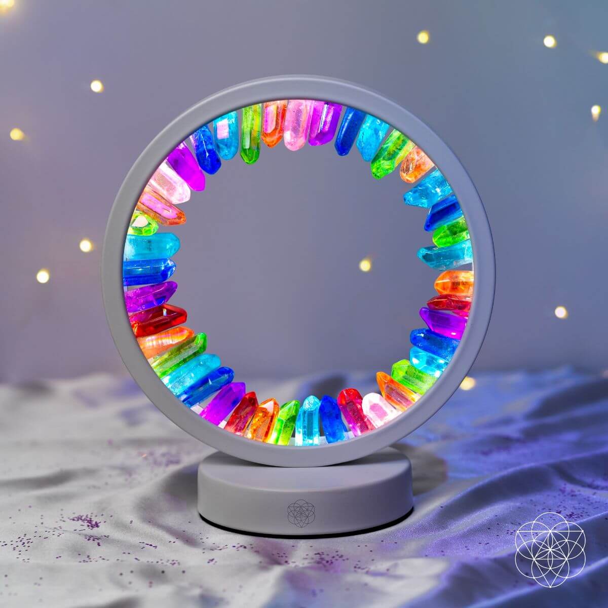 Rainbow After the Storm Clear Quartz Night Light by Conscious Items, featuring a vibrant rainbow design and calming glow.