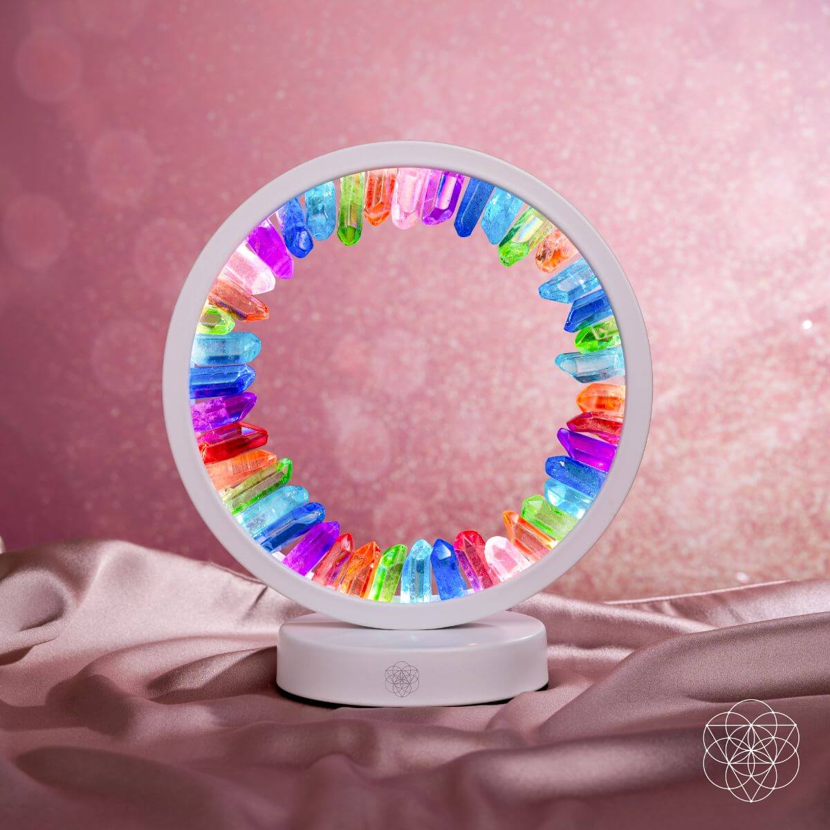 Rainbow After the Storm Clear Quartz Night Light by Conscious Items, featuring a colorful rainbow design and soothing glow.