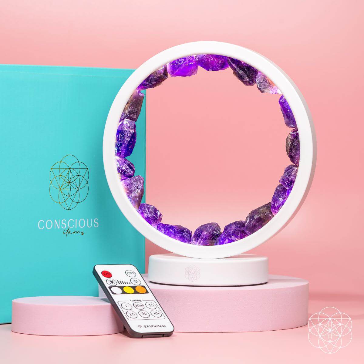 Conscious Items Amethyst Healing Night Light emitting a calming purple glow for stress relief and better sleep.