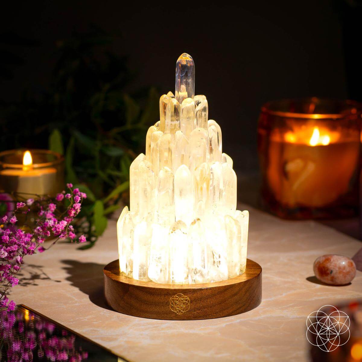 Clear Quartz Manifestation Tower Lamp night light by Conscious Items, featuring a sleek clear quartz design and ambient illumination.