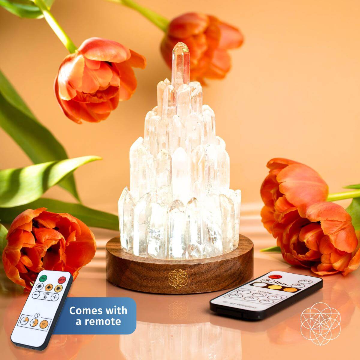 Clear Quartz Manifestation Tower Night Light by Conscious Items, featuring a tall, sleek lamp with clear quartz accents for positive energy.