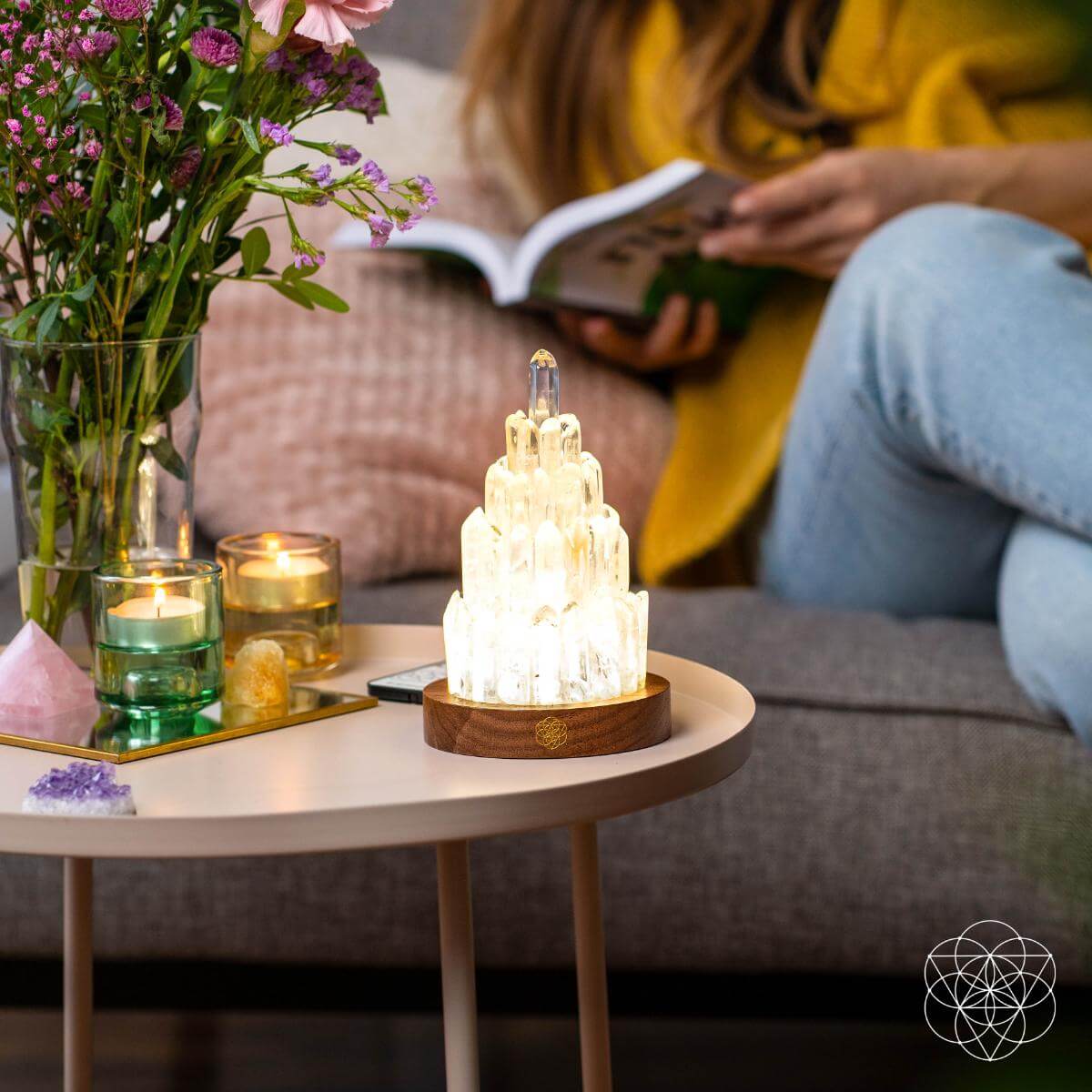 Clear Quartz Manifestation Tower Lamp night light from Conscious Items, featuring a sleek design and glowing clear quartz crystal.