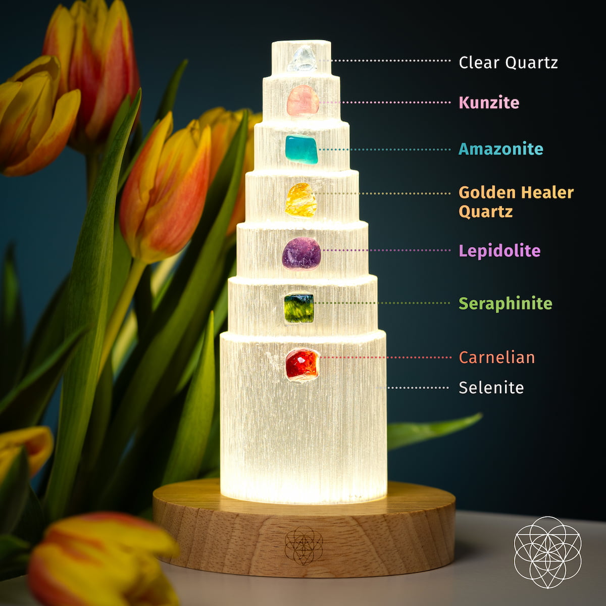 Conscious Items Stress Shield Lamp night light with seven healing stones, designed to promote relaxation and calm in a cozy space.