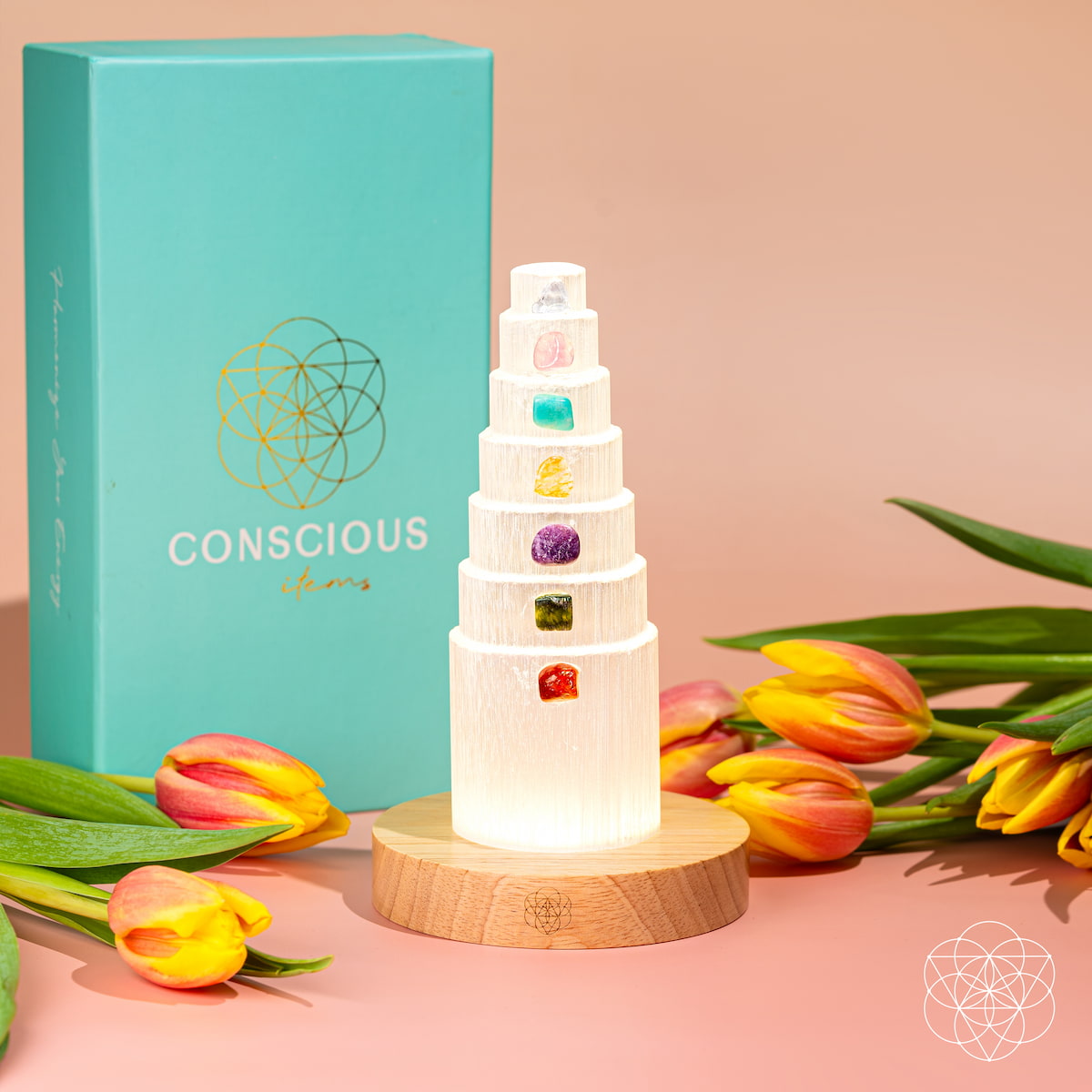 Conscious Items Stress Shield Night Light with 7 healing stones, glowing softly on a bedside table, promoting calm and relaxation.