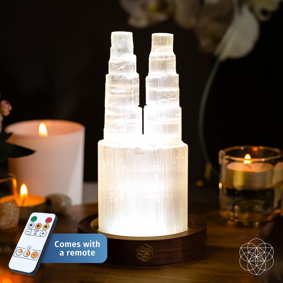 Two-tower Selenite lamp night light by Conscious Items, designed for deep energy cleanse and reset.