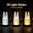 Two-tower Selenite lamp night light by Conscious Items, featuring natural white selenite crystals for energy cleansing and resetting.