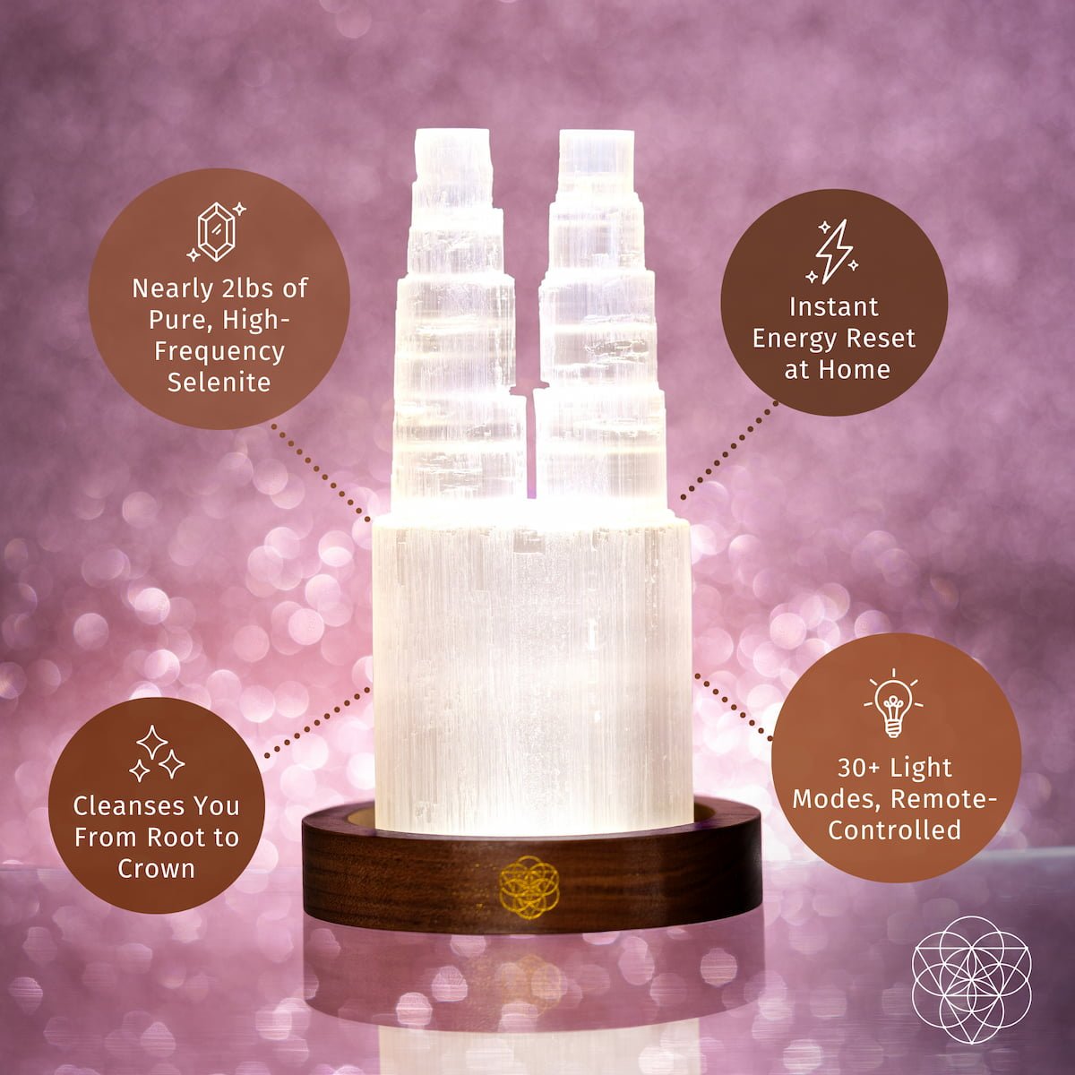 Two-Tower Selenite Lamp night light by Conscious Items, featuring deep energy cleansing and reset properties, illuminated and glowing.