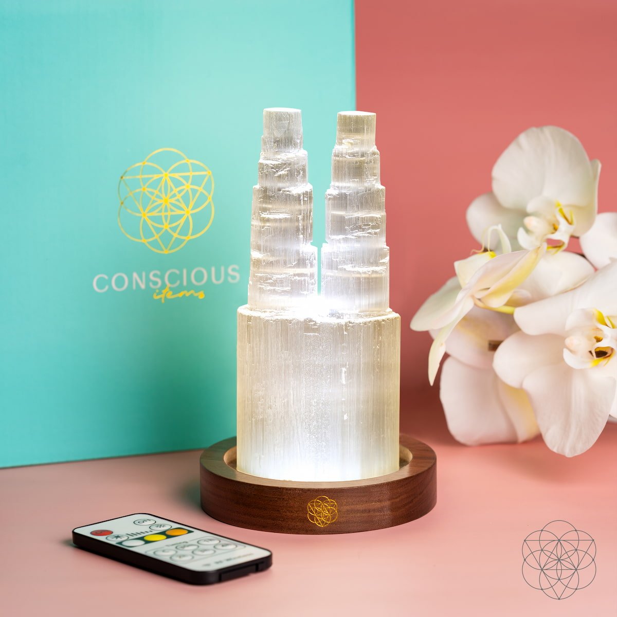 Two-tower Selenite lamp night light by Conscious Items, designed for deep energy cleansing and resetting spaces.