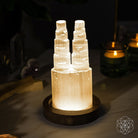 Two-tower Selenite Lamp night light by Conscious Items, designed for deep energy cleanse and reset in a calming home setting.