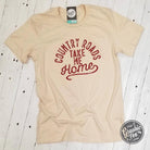 Unisex graphic T-shirt featuring "Country Roads Take Me Home" design from The Graphic Tee, displayed flat on a white background.