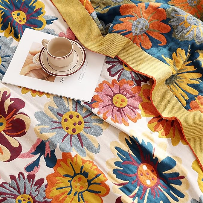 CozyNest Decor boho muslin bed blanket with daisy floral design, 80 x 90 inches, soft cotton, summer cooling, dual-sided gauze fabric