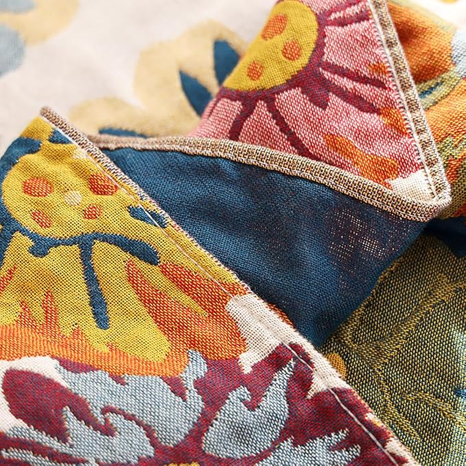 CozyNest Decor Boho muslin bed blanket with daisy floral design, 80x90 inches, soft 4-layer cotton summer cooling throw for sofa or bed