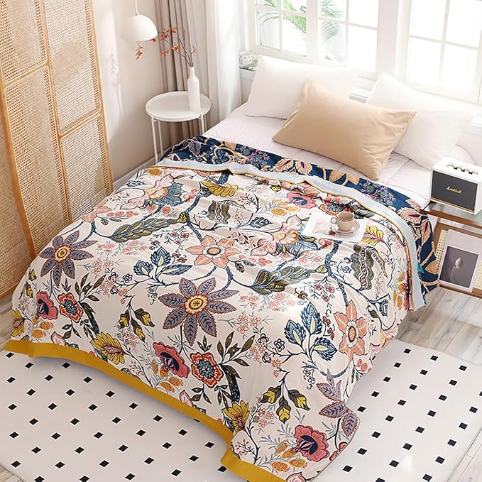 CozyNest Decor boho floral muslin blanket for adults, twin size 60x80 inches, soft 4-layer cotton summer cooling bed coverlet.