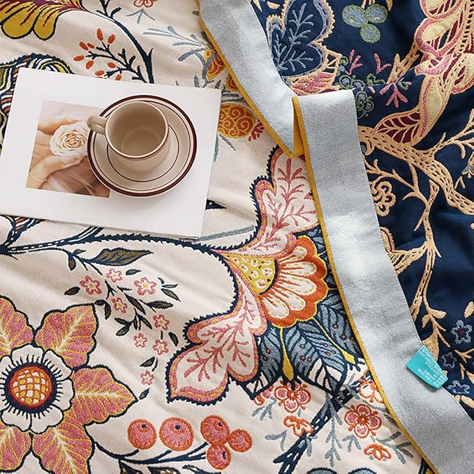 CozyNest Decor boho floral muslin blanket for adults, twin size 60x80 inches, soft 4-layer cotton summer cooling bed coverlet.